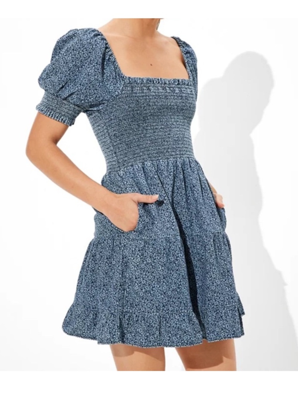 American Eagle Picnic Pretty Puff Sleeve Mini Dress Smocked Blue Floral